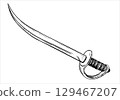 Curved Arabic sword. Cold weapon. Pirate saber vector sketch in engraving technique. Corsair's broadsword with a narrow blade. Linear drawing on a white background. Imitation of engraving. 129467207
