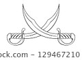 Curved vector silhouette of arabian sword. Cold weapon. Two crossed pirate sabers. Corsair's broadsword with a wide blade. Linear drawing on a white background. 129467210