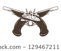 Two crossed dueling pistols. Vector illustration of antique flintlock muskets with wooden grip. Pirate and filibusters weapon. Hand drawn sketch. Imitation of engraving technique. 129467211