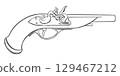 Ancient musket with wooden handle. Sketch of flintlock rifle. Weapon of pirates and filibusters. Hand drawn sketch, vintage vector illustration. Dueling pistol. Imitation of engraving technique. 129467212