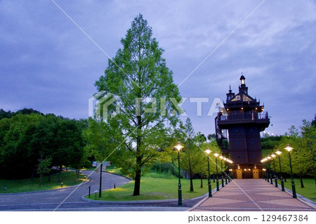 Ghibli Park in the evening, elevator tower 129467384