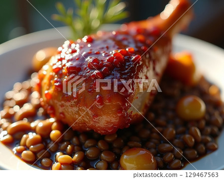 Delicious Glazed Chicken Drumstick with Beans and Herbs on Plate Still Life Delicious Glazed Chicken Drumstick with Beans and Herbs on Plate Still Life 129467563