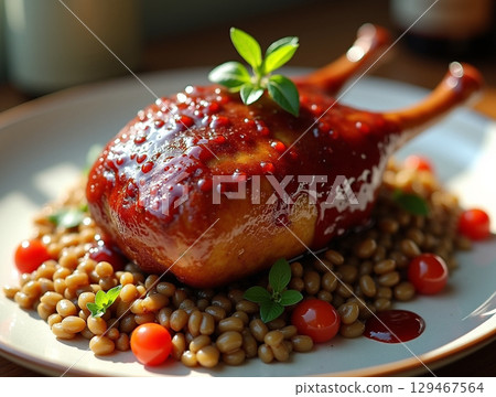 Glazed Roasted Duck Leg with Bean and Tomato Cuisine Plate 129467564