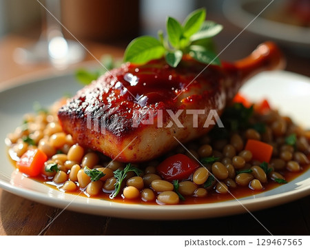 Close-up Delicious Glazed Roasted Chicken Drumstick with Beans and Herbs Dish 129467565
