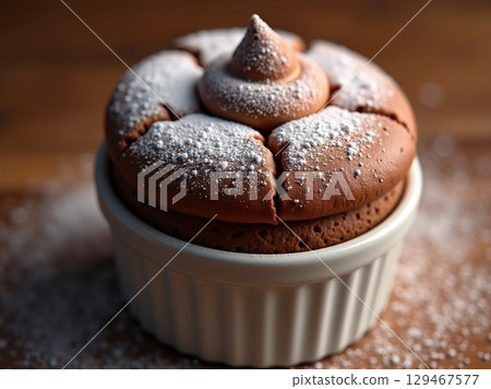 Delicious Brown Chocolate Souffle with Powdered Sugar Dessert Culinary Art Delicious Brown Chocolate Souffle with Powdered Sugar Dessert Culinary Art 129467577
