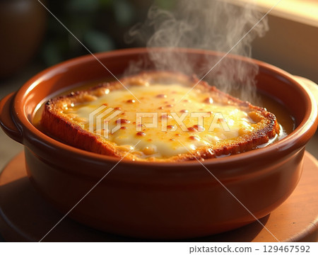 Delicious French Onion Soup with Melted Cheese Topping in Ceramic Bowl 129467592