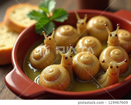 Creative Smiling Snail Shaped Pasta Food Arrangement in a Ceramic Bowl Creative Smiling Snail Shaped Pasta Food Arrangement in a Ceramic Bowl 129467609
