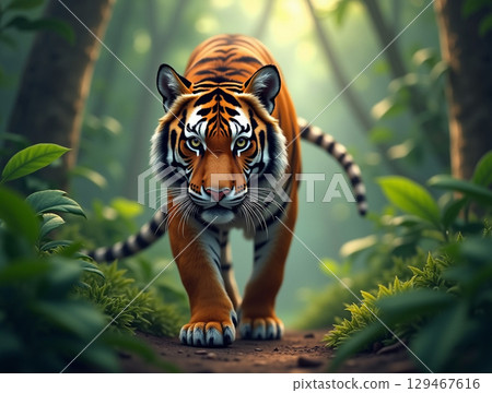 Detailed Portrait of a Majestic Tiger Walking Through Lush Jungle Forest 129467616