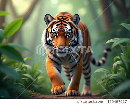 Majestic Realistic Walking Tiger Portrait with Lush Green Jungle Background 129467617