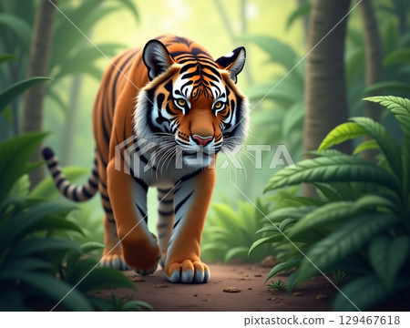 Realistic Render Tiger Walking Confidently Through Jungle Foliage Scene 129467618