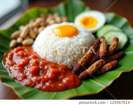Delicious Malaysian Nasi Lemak with a Bright Red Sambal on a Banana Leaf 129467619