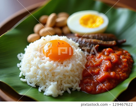 Traditional Nasi Lemak Plate with Boiled Egg, Fried Anchovies, and Sambal 129467622