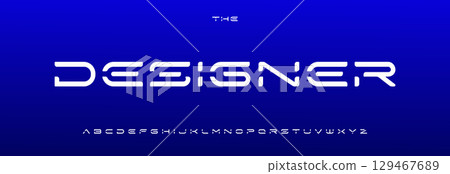 Futuristic geometric alphabet, rounded wide sans serif letters, cyber techno font, innovative technology typeface for cutout modern logo, digital typography, scifi typographic design. Vector typeset. 129467689