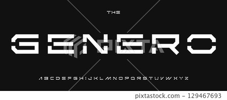 Futuristic geometric alphabet, digital sci-fi font for modern cyber logo, robotic headline, AI typography, tech-forward typographic design. Bold minimalist techno letters set. Vector typeset. 129467693