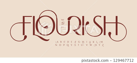 Elegant calligraphy alphabet, decorative swash font, romantic script for wedding logo, chic headline, classic typographic design, luxury typography for perfume, boutique, floral brand. Vector typeset. Elegant calligraphy alphabet, decorative swash font, romantic script for wedding logo, chic headline, classic typographic design, luxury typography for perfume, boutique, floral brand. Vector typeset. 129467712