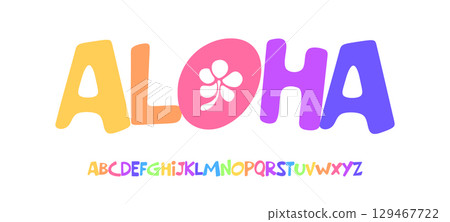 Playful tropical alphabet, colorful cartoon font, joyful beach typeface for summer logo, aloha headline, exotic typographic design, Hawaiian typography, greeting card, tropical poster. Vector typeset. Playful tropical alphabet, colorful cartoon font, joyful beach typeface for summer logo, aloha headline, exotic typographic design, Hawaiian typography, greeting card, tropical poster. Vector typeset. 129467722