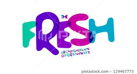 Juicy playful alphabet, colorful cartoon letters, bold rounded font for kids logo, school headline, funky fiesta typographic design, vibrant party typography, friendly creative style. Vector typeset 129467773