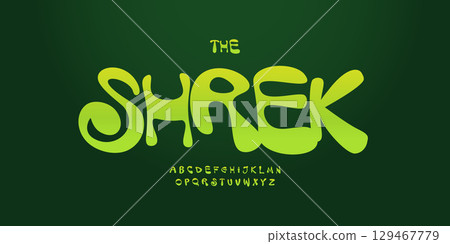 Green bounce alphabet, funky jelly letters, slime cartoon font for kids logo, playful headline lettering, monster typography, ogre fairytale typographic design. Vector typeset. 129467779