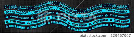 Cyber Monday Sale Ribbon Banner set with Turquoise Text on Black Tapes. Wavy Striped Advertising Design Isolated on Dark Background for Ecommerce, Promotions, and Shopping Ads. Vector Illustration 129467907