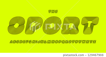 Linear psychedelic bold font. Futuristic layered alphabet for groovy headline in posters, typographic logo, sport team branding, music fest events, EDM title. Vector typeset 129467908
