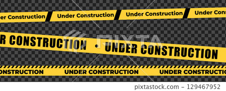Under construction sign with yellow warning tape safety stripe. Caution barrier stripe for safety zone, blocked area, website page, road work, site maintenance, redesign progress. Vector illustration. 129467952