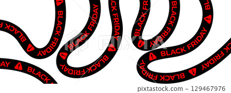 Black Friday warning stripe ribbon, urgent sale banner for retail ad, shopping zone, promotion label, dynamic marketing design. Bold red wavy line. Vector illustration 129467976