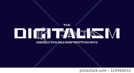 Futuristic space logo font, contrast sci-fi alphabet. Bold geometric typeface for tech headline, gaming UI, cyber HUD, innovation display, space interface, modern digital branding. Vector typography. 129468032