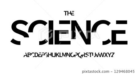 Science technology font, futuristic alphabet for scientific headline, medical digital product logo, display device typography, app UI typographic design. Modern vector typeset. 129468045