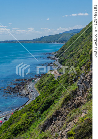 View of the Tasman Sea from the Paekakariki Escarpment Track in New Zealand View of the Tasman Sea from the Paekakariki Escarpment Track in New Zealand 129468193