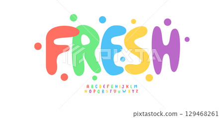 Colorful bubble logo font, fresh colour alphabet, joyful comic typescript, playful cartoon typeface, fun kid childish branding typography, creative typographic design, funky title. Vector typeset. Colorful bubble logo font, fresh colour alphabet, joyful comic typescript, playful cartoon typeface, fun kid childish branding typography, creative typographic design, funky title. Vector typeset. 129468261