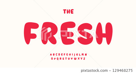 Sweet bubble font, bold rounded letters, cute candy alphabet, juicy cartoon typeface, playful kid branding typography, fun snack typeset, zesty typographic design for kid branding. Vector typeset. 129468275