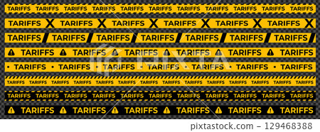 Tariff Warning Tape Set in Yellow and Black with Various Styles on Transparent Background. Perfect for Trade and Border Conflict Concepts. Vector Illustration Tariff Warning Tape Set in Yellow and Black with Various Styles on Transparent Background. Perfect for Trade and Border Conflict Concepts. Vector Illustration 129468388