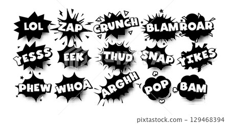Comic fun meme sticker, speech bubble, pop art shout, retro exclamations. Black white sound effects for comics, branding, jokes, design elements. Vector illustration 129468394