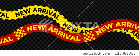 New arrival ribbons in bold red and yellow with checkered pattern. Vibrant retail promotion element for store banners, web ads, product launches. Vector illustration. New arrival ribbons in bold red and yellow with checkered pattern. Vibrant retail promotion element for store banners, web ads, product launches. Vector illustration. 129468395