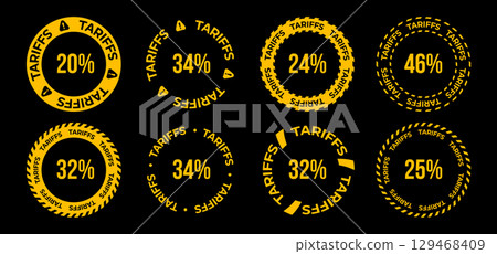 Tariff Warning Labels With Percentage Signs In Circular Badge Shapes, Bold Typography, And Caution Symbol On Black Background. Vector Illustration 129468409