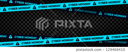 Cyber Monday Sale Blue Warning Tape On Transparent Background. Perfect For Online Shopping Promotion, Discount Advertising, Social Media, And E-Commerce Marketing Design. Vector Illustration. 129468410