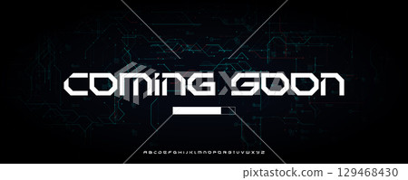Techno Coming Soon Typography with Digital Loading Bar and Circuit Board Background, Ideal for Movie Intros, Forums, Fests, or Conference Promos. Futuristic Alphabet. Vector Illustration. 129468430