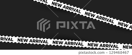 New arrival banner with bold diagonal tape design. Eye-catching retail promotion element for sale, store signage, web ads, product marketing. Vector illustration 129468467