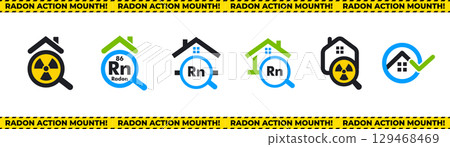 Radon Awareness Icon Set With Houses, Radiation Symbols, Magnifying Glasses, And Safety Checks For National Radon Action Month Campaigns. Vector Illustration 129468469