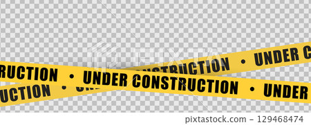 Under construction yellow warning tape safety stripe. Caution barrier stripe for safety zone, blocked area, website page, road work, site maintenance, redesign progress. Vector illustration. 129468474