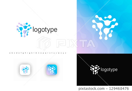 Fluid molecular network logo with organic shapes and fusion dots, symbolizing science, AI, digital connectivity. Ideal for biotech, healthcare, artificial intelligence, datascience. Vector logo 129468476