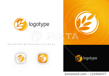 Golden wheat emblem inside circular frame representing agriculture, harvest, organic food production. Suitable for farms, agribusiness, eco-friendly brands, organic food companies. Modern vector logo Golden wheat emblem inside circular frame representing agriculture, harvest, organic food production. Suitable for farms, agribusiness, eco-friendly brands, organic food companies. Modern vector logo 129468477