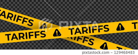Tariff Alert Tape with Exclamation Icons on Transparent Background. Economic Trade Warning Ribbon for Customs, Import Restrictions, and Business Conflict. Vector Illustration 129468483