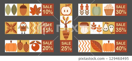 Autumn set of simple sale banners in Bauhaus style. Set of autumn price tags and discount labels. Geometric abstract fall flyer labels template with scandinavian mosaic. 129468495