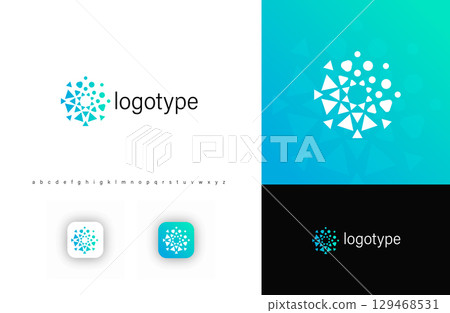 Round abstract fragmented triangular logo, symbolizing technology, digital transformation, and innovation. Ideal for AI, blockchain, software, and data-driven industries. Modern vector logo 129468531