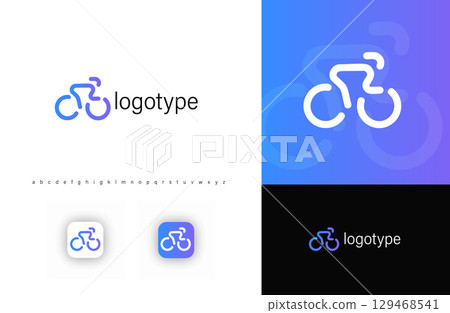 Minimalist bicycle logo with smooth lines and gradient blue-purple color. Modern abstract cycling symbol for eco-friendly transportation, mobility apps, bike shops, and sports brands. Vector logo 129468541