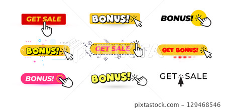 Clickable buttons with GET SALE and BONUS texts. Promotional banners for ecommerce, marketing, special offers. Bright, modern UI design. Vector illustration. 129468546