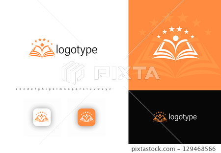 Educational logo featuring an open book, human figure, and stars, symbolizing knowledge, success, and learning. Ideal for schools, universities, and academic institutions. Modern vector logo 129468566