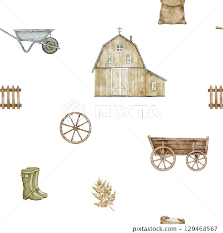 Seamless watercolor rustic Pattern with barn, carts, and harvest tools. Autumn background with rustic scenery for fall packaging or wrapping paper. Ornament for harvest design on isolated backdrop. 129468567