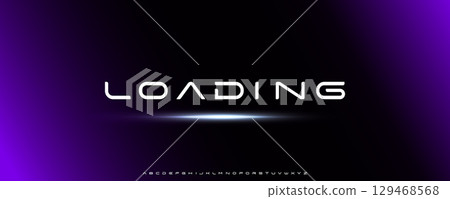 Futuristic Loading Screen Typography with Neon Glow and Purple Light Effects, Ideal for Space Apps, Streaming Platforms, or Tech UI Dashboards. Sleek Rounded Sci-Fi Alphabet. Vector Illustration 129468568